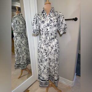 Joie Floral Black & White Puff Sleeve Midi Dress w/ Belt & Pockets Size 12 NWOT